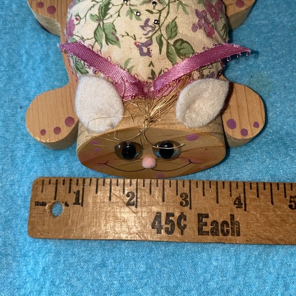 KITTY CAT pin cushion wood base flora fabric mauve ribbon and paint vintage NEW - Picture 7 of 8